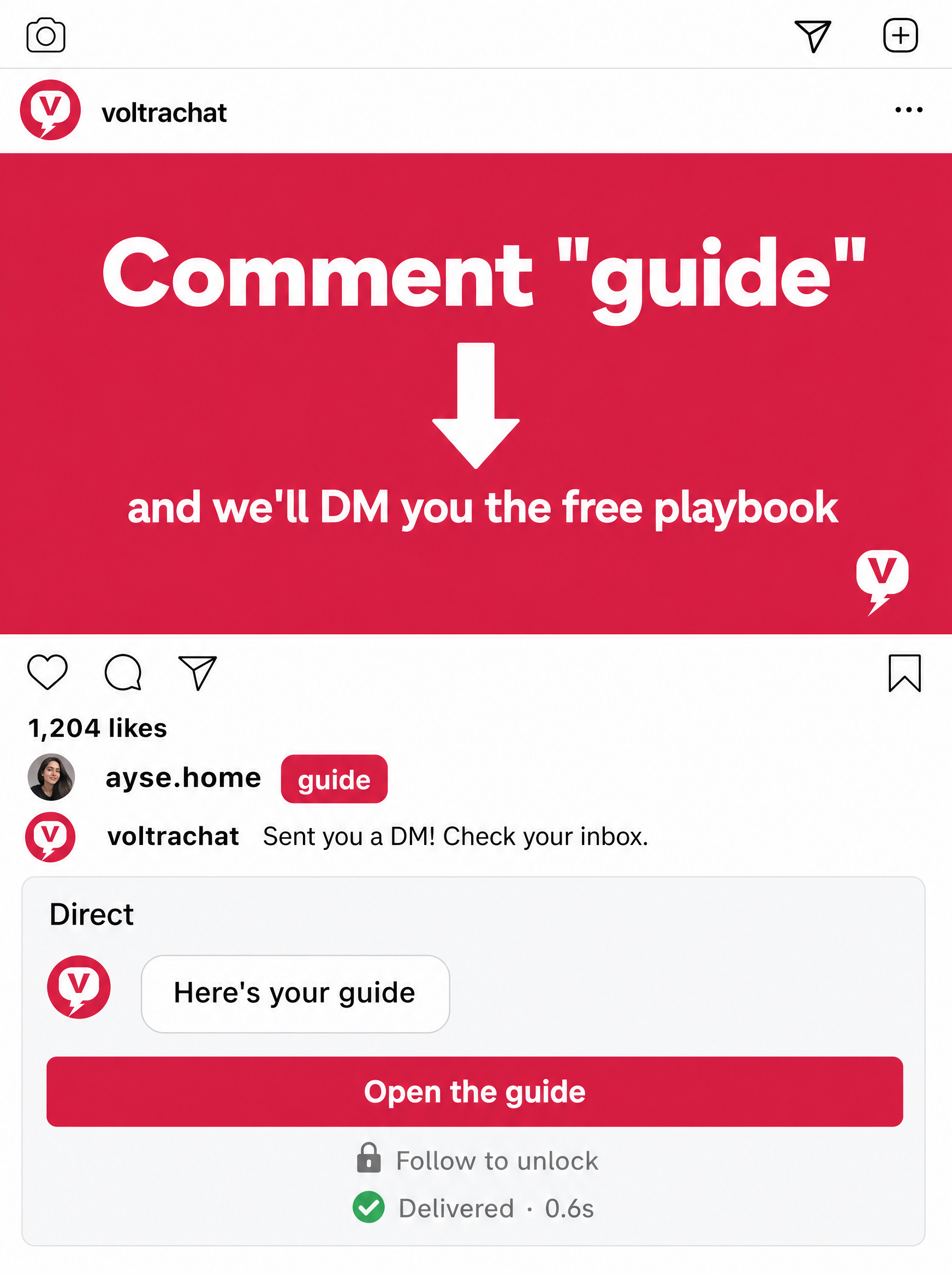 Instagram comment-to-DM flow: a keyword comment, an automatic public reply, and a private DM with a button and follow-gate